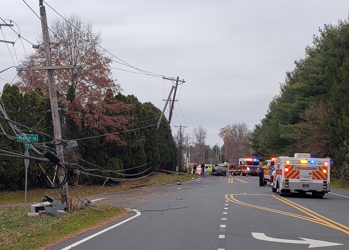 Doe Run Road is CLOSED due to this crash with injuries at Branch Road. Two utility poles taken out, expect an extended closure. Driver airlifted to Christiana Hospital but was conscious at time of transport